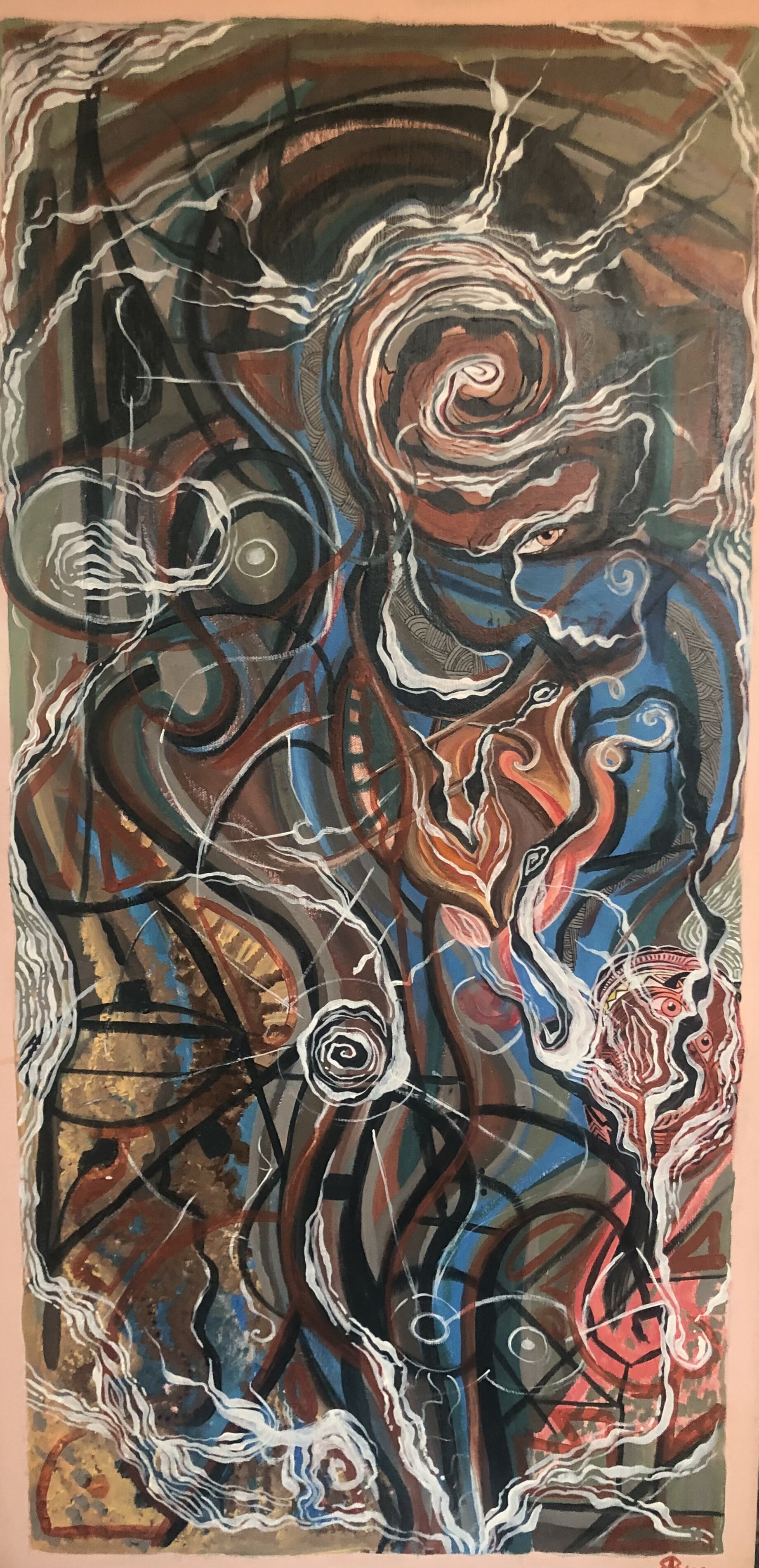 Collaborative painting by Raen and Ayla - surreal abstract with blue figure and dynamic linework