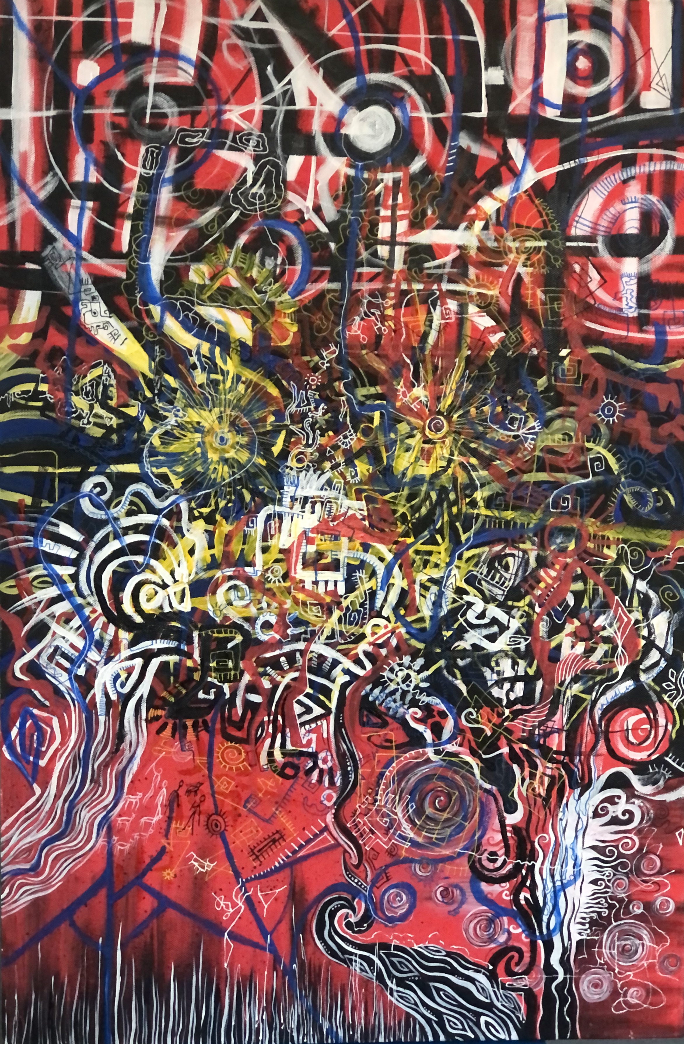 Collaborative painting by Raen and Ayla - vibrant abstract expressionism with cosmic symbols and tribal motifs