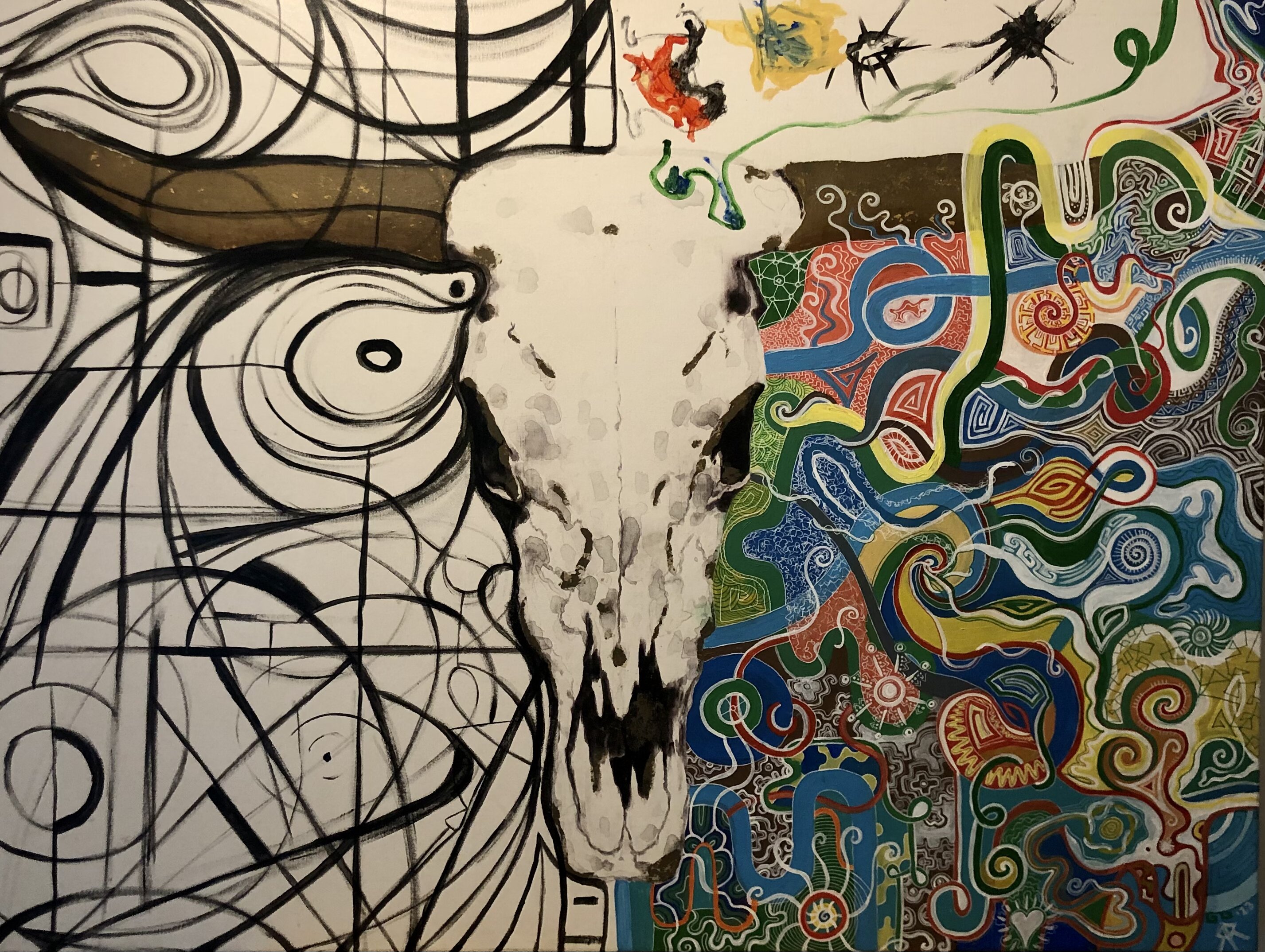 Collaborative painting by Raen and Ayla - bull skull with dual nature, abstract and psychedelic